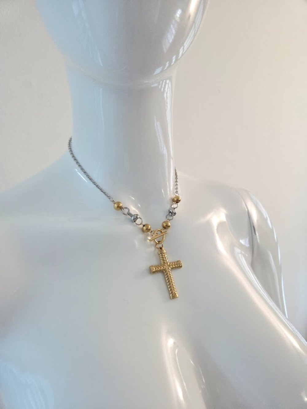 Two Tone Gold Silver Chevron Cross Toggle Chain Necklace - Picture 13 of 15